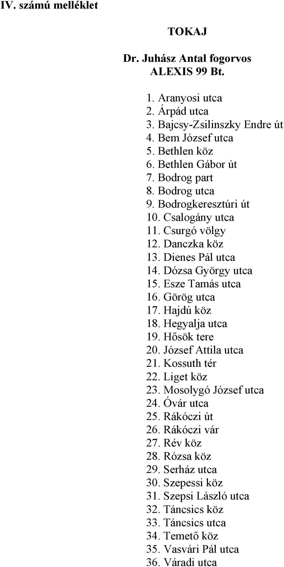 Esze Tamás utca 16. Görög utca 17. Hajdú köz 18. Hegyalja utca 19. Hősök tere 20. József Attila utca 21. Kossuth tér 22. Liget köz 23. Mosolygó József utca 24. Óvár utca 25.