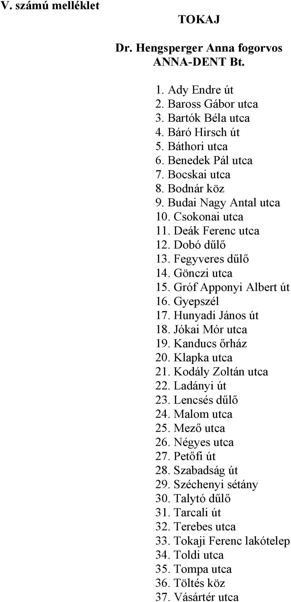 Gyepszél 17. Hunyadi János út 18. Jókai Mór utca 19. Kanducs őrház 20. Klapka utca 21. Kodály Zoltán utca 22. Ladányi út 23. Lencsés dűlő 24. Malom utca 25. Mező utca 26.