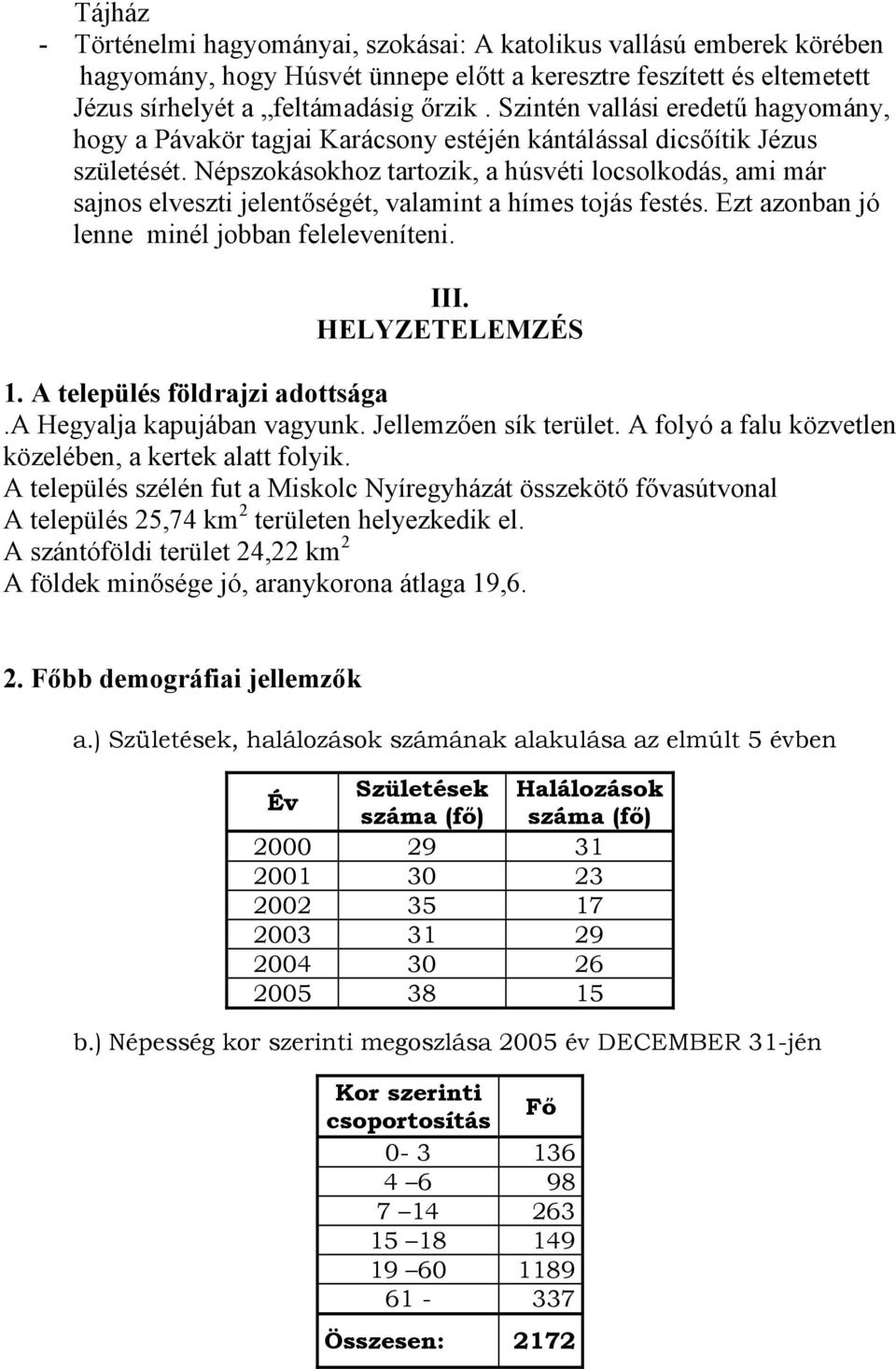 Népszokásokhoz tartozik, a húsvéti locsolkodás, ami már sajnos elveszti jelentőségét, valamint a hímes tojás festés. Ezt azonban jó lenne minél jobban feleleveníteni. III. HELYZETELEMZÉS 1.