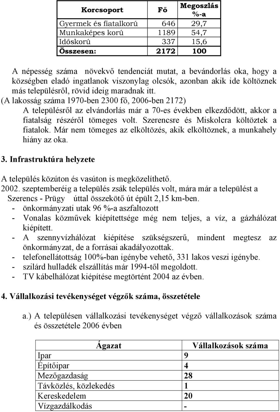 (A lakosság száma 1970-ben 2300 fő, 2006-ben 2172) A településről az elvándorlás már a 70-es években elkezdődött, akkor a fiatalság részéről tömeges volt. Szerencsre és Miskolcra költöztek a fiatalok.