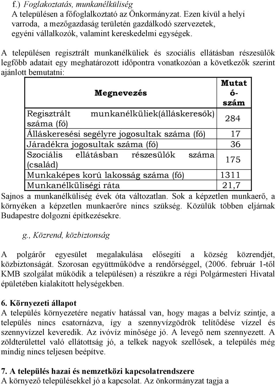 A településen regisztrált munkanélküliek és szociális ellátásban részesülők legfőbb adatait egy meghatározott időpontra vonatkozóan a következők szerint ajánlott bemutatni: Mutat Megnevezés ó- szám