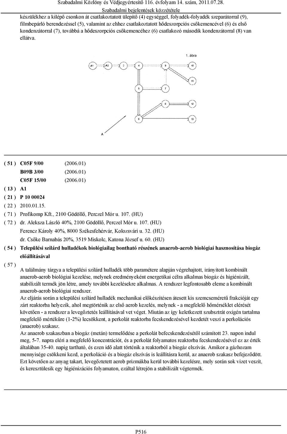 01) ( 13 ) ( 21 ) ( 22 ) ( 71 ) ( 72 ) B09B 3/00 (2006.01) C05F 15/00 (2006.01) A1 P 10 00024 2010.01.15. Profikomp Kft., 2100 Gödöllő, Perczel Mór u. 107. (HU) dr.