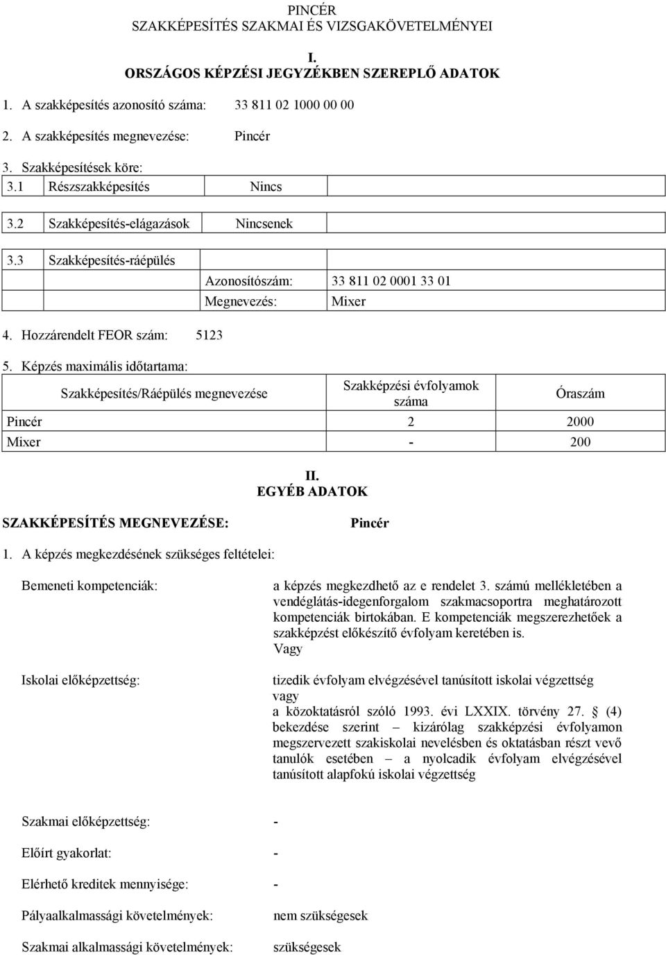 Hozzárendelt FEOR szám: 5123 5. Képzés maximális időtartama: Szakképesítés/Ráépülés megnevezése Szakképzési évfolyamok száma Óraszám Pincér 2 2000 Mixer - 200 II.