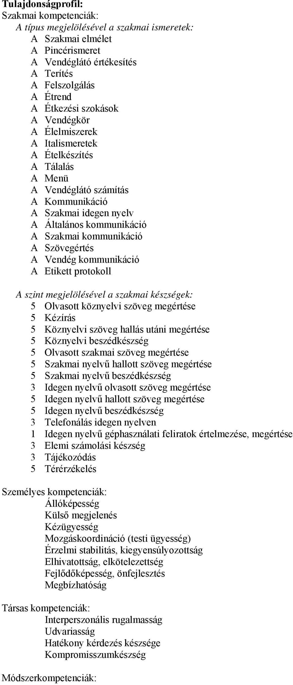 Vendég kommunikáció A Etikett protokoll A szint megjelölésével a szakmai készségek: 5 Olvasott köznyelvi szöveg megértése 5 Kézírás 5 Köznyelvi szöveg hallás utáni megértése 5 Köznyelvi beszédkészség