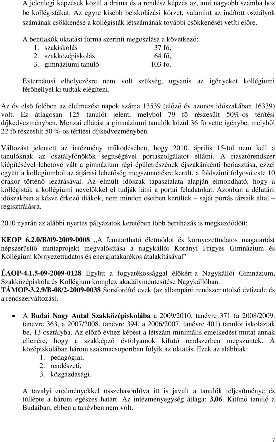 A bentlakók oktatási forma szerinti megoszlása a következő: 1. szakiskolás 37 fő, 2. szakközépiskolás 64 fő, 3. gimnáziumi tanuló 103 fő.