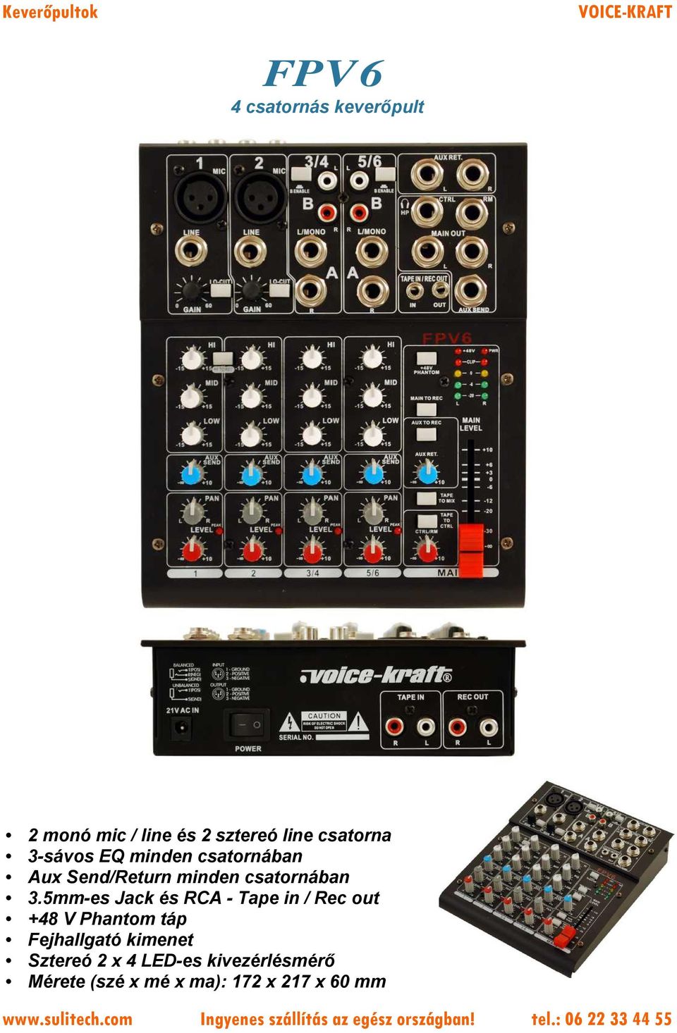 5mm-es Jack és RCA - Tape in / Rec out +48 V Phantom táp Fejhallgató