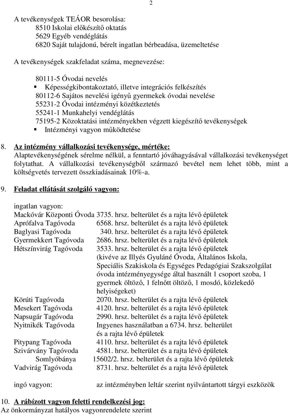 vendéglátás 75195-2 Közoktatási intézményekben végzett kiegészítı tevékenységek Intézményi vagyon mőködtetése 8.