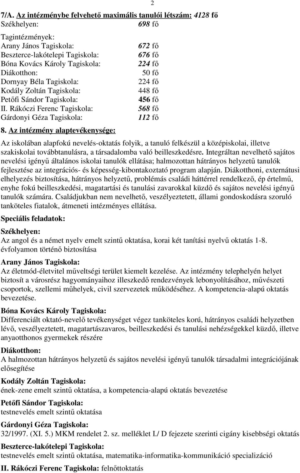 Az intézmény alaptevékenysége: 2 672 fı 676 fı 224 fı 50 fı 224 fı 448 fı 456 fı 568 fı 112 fı Az iskolában alapfokú nevelés-oktatás folyik, a tanuló felkészül a középiskolai, illetve szakiskolai