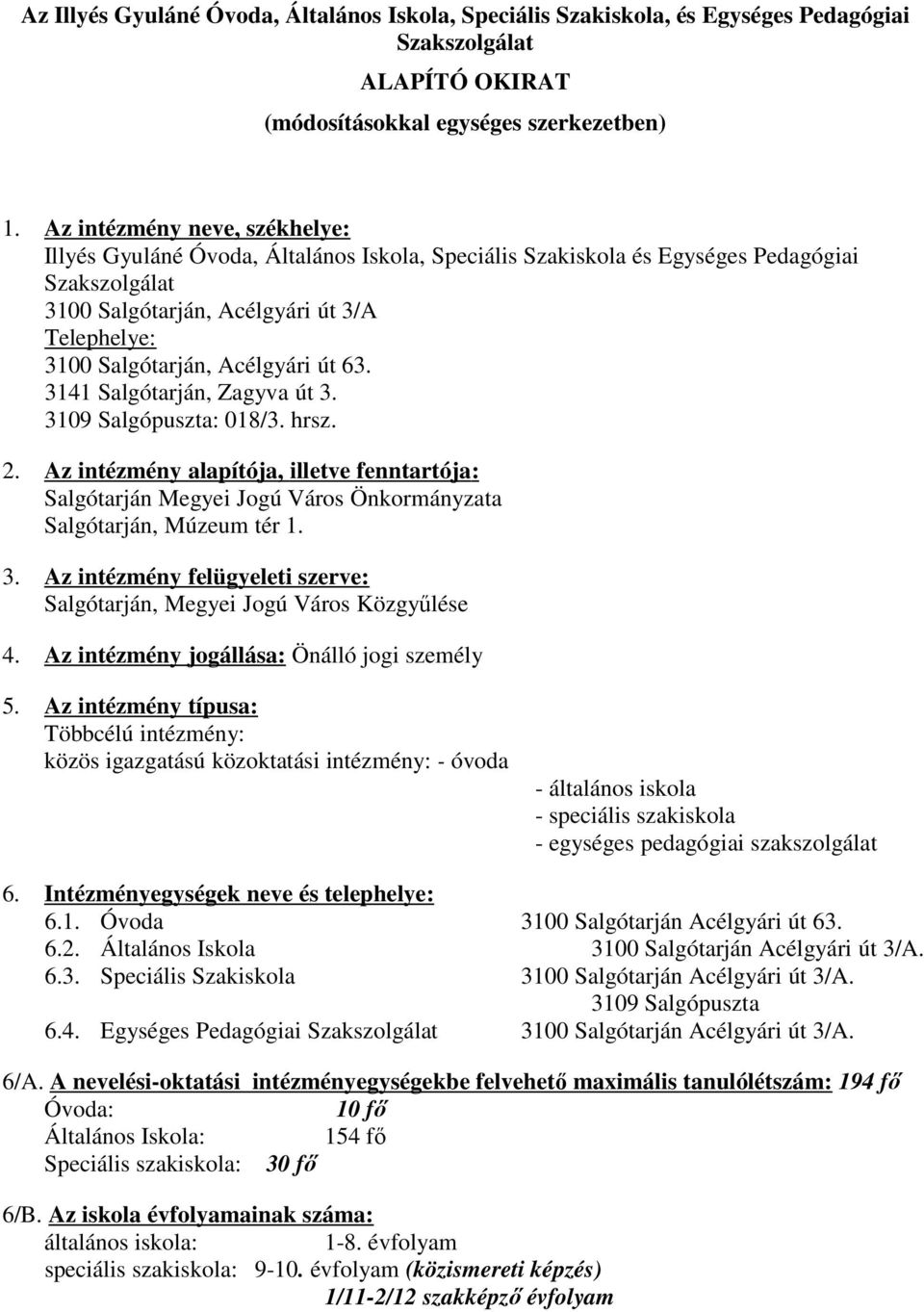 Acélgyári út 63. 3141 Salgótarján, Zagyva út 3. 3109 Salgópuszta: 018/3. hrsz. 2. Az intézmény alapítója, illetve fenntartója: Salgótarján Megyei Jogú Város Önkormányzata Salgótarján, Múzeum tér 1. 3. Az intézmény felügyeleti szerve: Salgótarján, Megyei Jogú Város Közgyőlése 4.