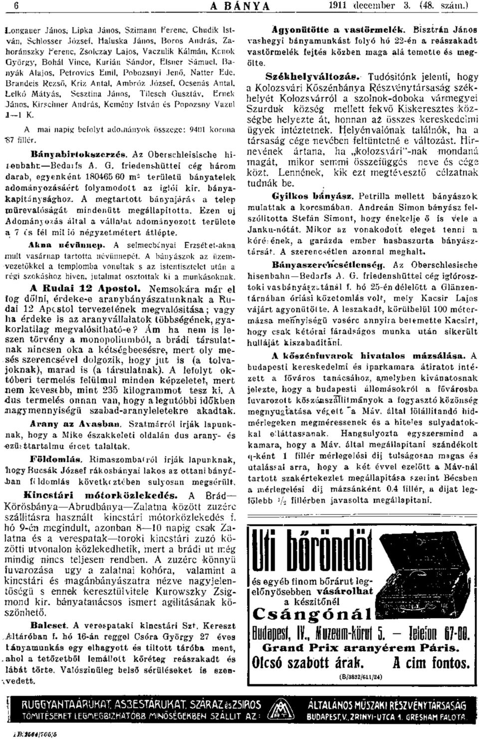 y ö rg y, B ohál Vince, K úrián Sándor, Elsner Sám uel, B a n y á k A lajos, P etrovics E m il, P obozsnyi Jenő, N a tte r Ede, B randeis Rezső, K riz A ntal, A m b ró z József, Ocsenás A ntal, L e