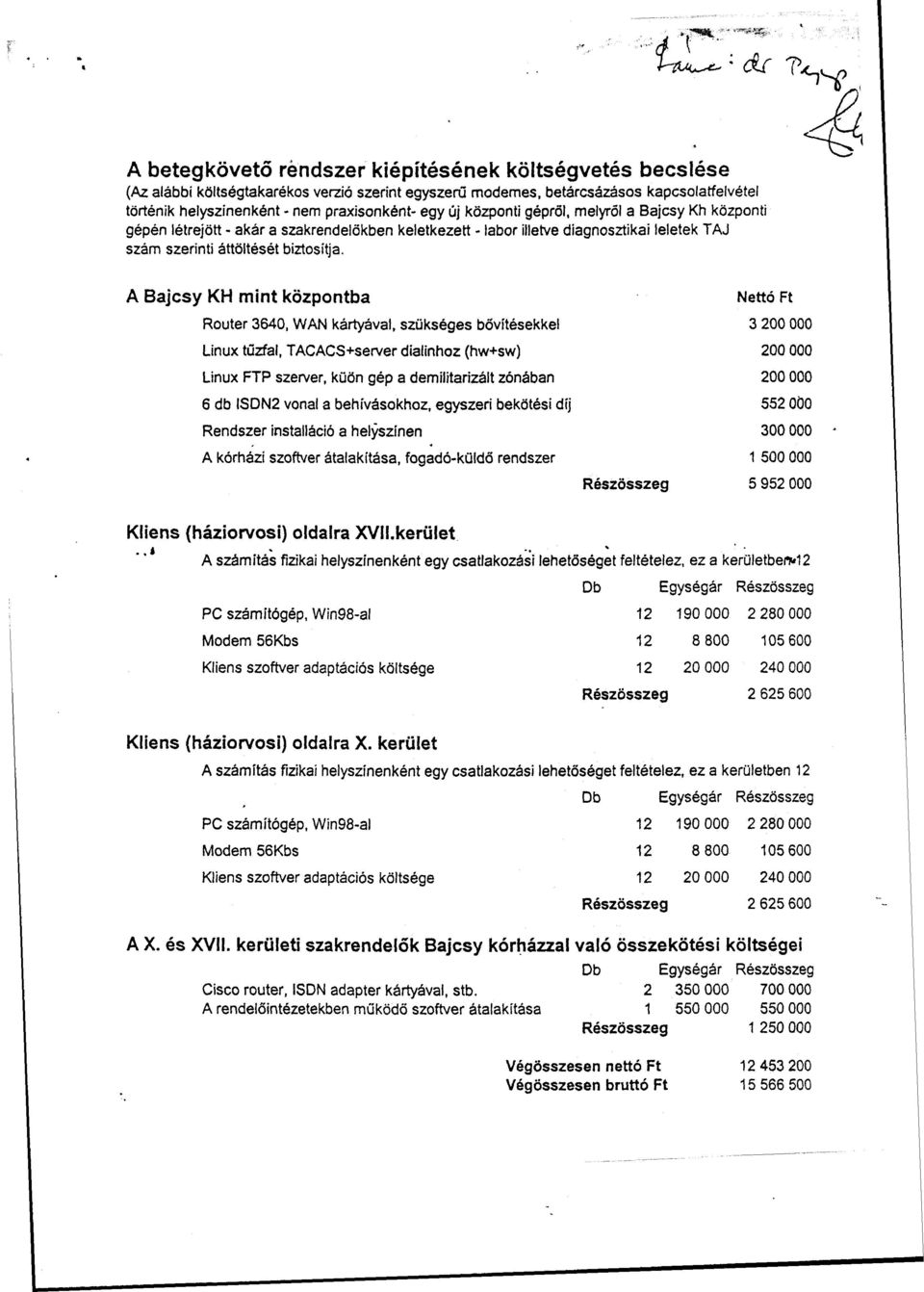 A Bajcsy KH mint központba Nettó Ft Router 3640, WAN kártyával, szükséges bővítésekkel 3 200 000 Linux tűzfal, TACACS+server diaiinhoz (hw+sw) 200 000 Linux FTP szerver, küön gép a demilitarizált