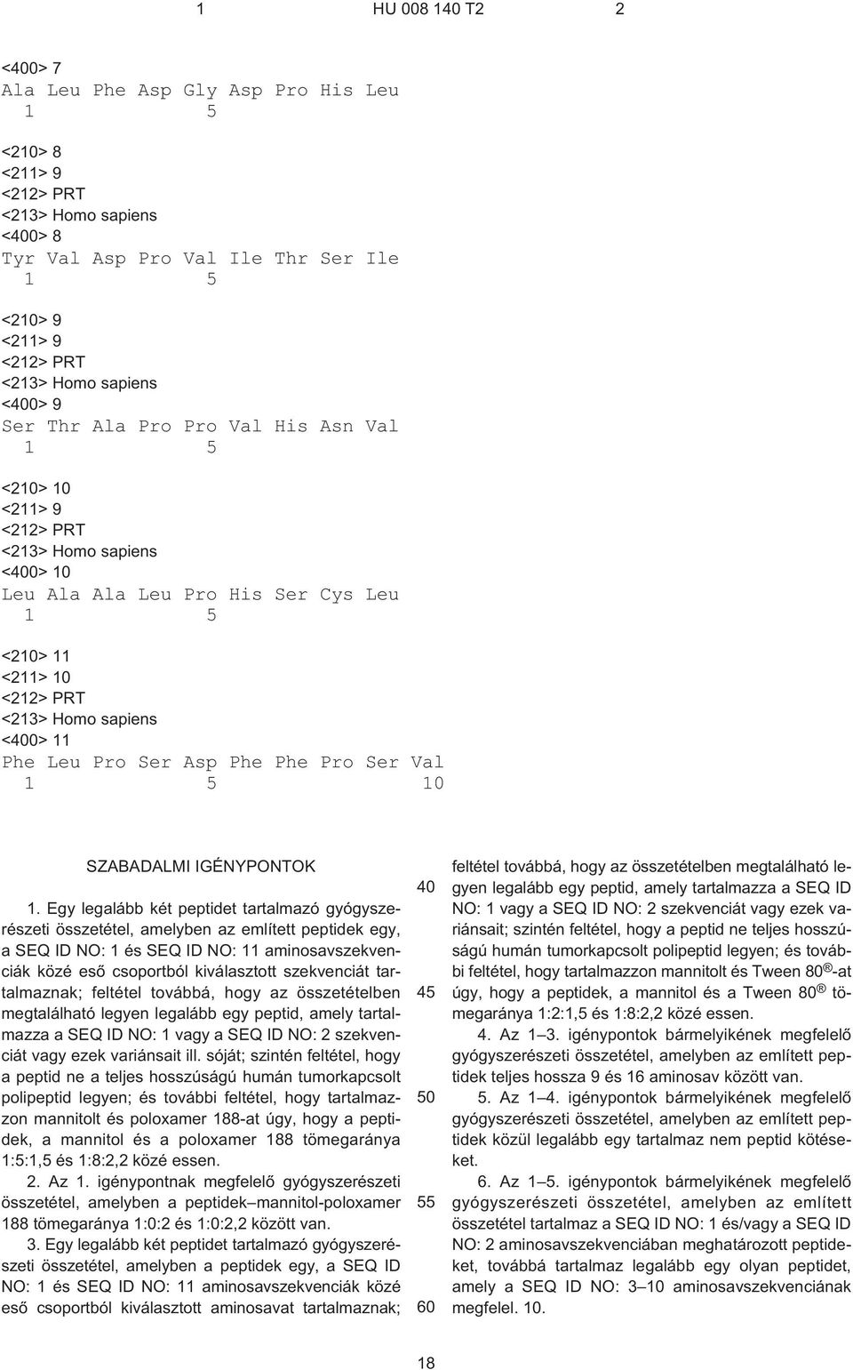 Ser Asp Phe Phe Pro Ser Val 1 5 10 SZABADALMI IGÉNYPONTOK 1.