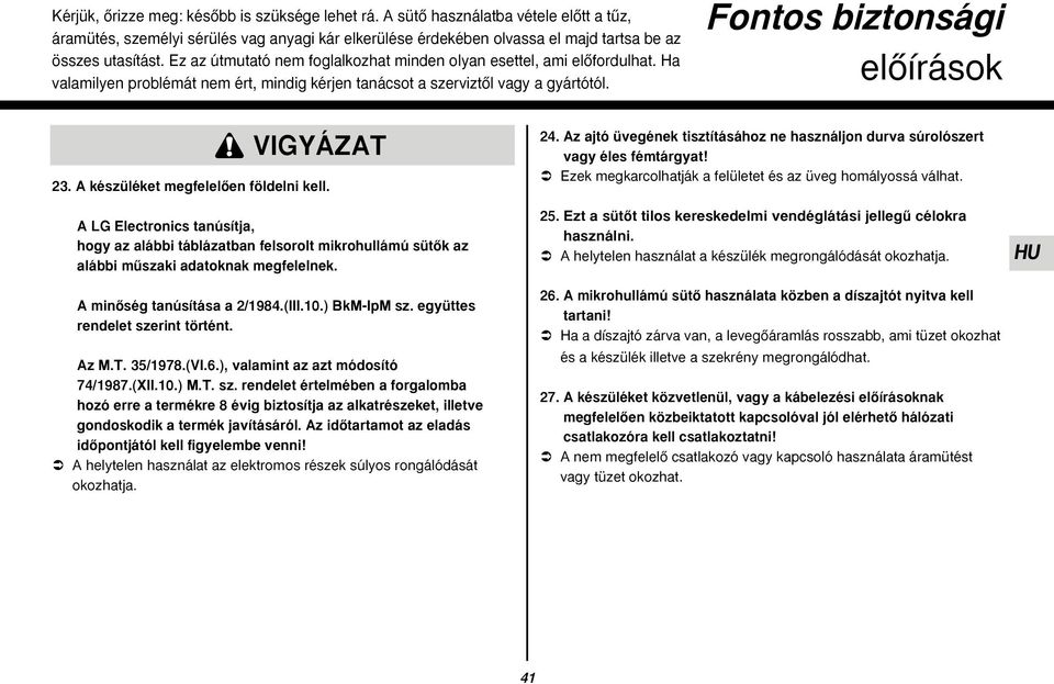 A készüléket megfelelœen földelni kell. A LG Electronics tanúsítja, hogy az alábbi táblázatban felsorolt mikrohullámú sütœk az alábbi mıszaki adatoknak megfelelnek. A minœség tanúsítása a 2/1984.(III.