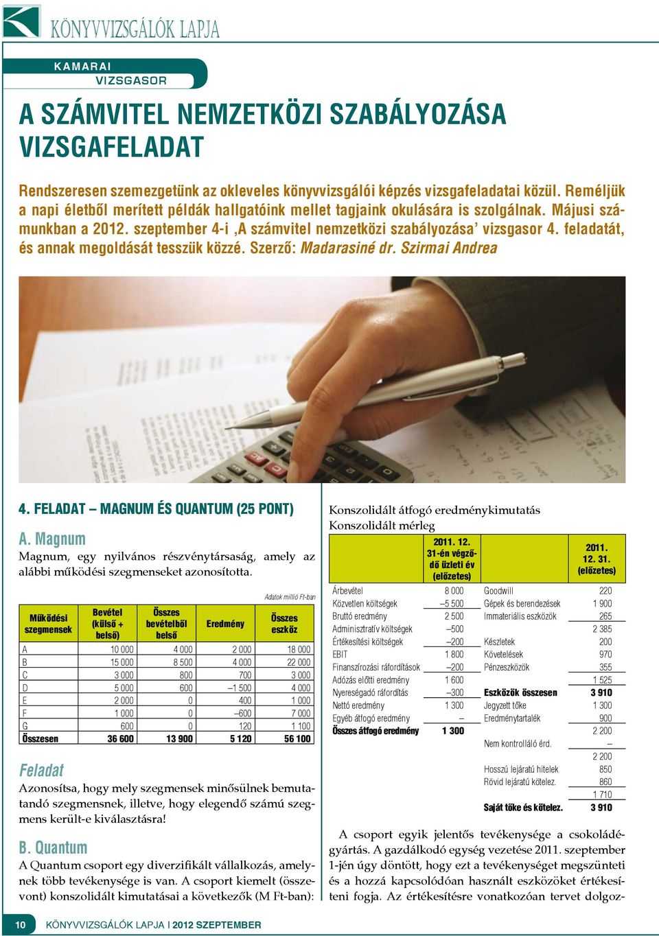 feladatát, és annak megoldását tesszük közzé. Szerző: Madarasiné dr. Szirmai Andrea 4. FELADAT MAGNUM ÉS QUANTUM (25 PONT) A.