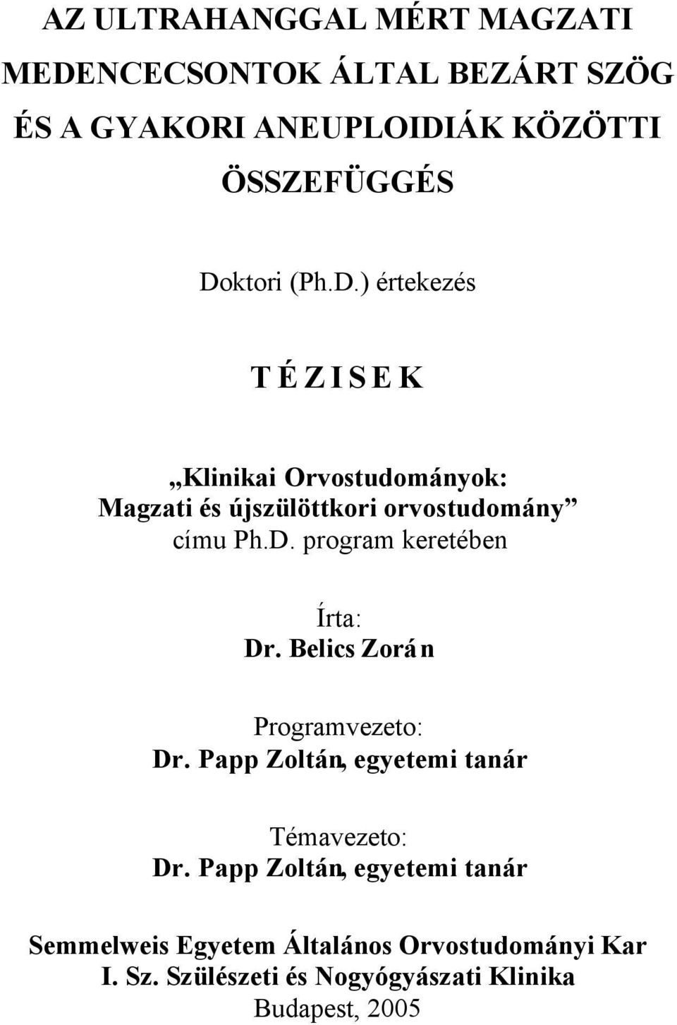 Belics Zorán Programvezeto: Dr. Papp Zoltán, egyetemi tanár Témavezeto: Dr.