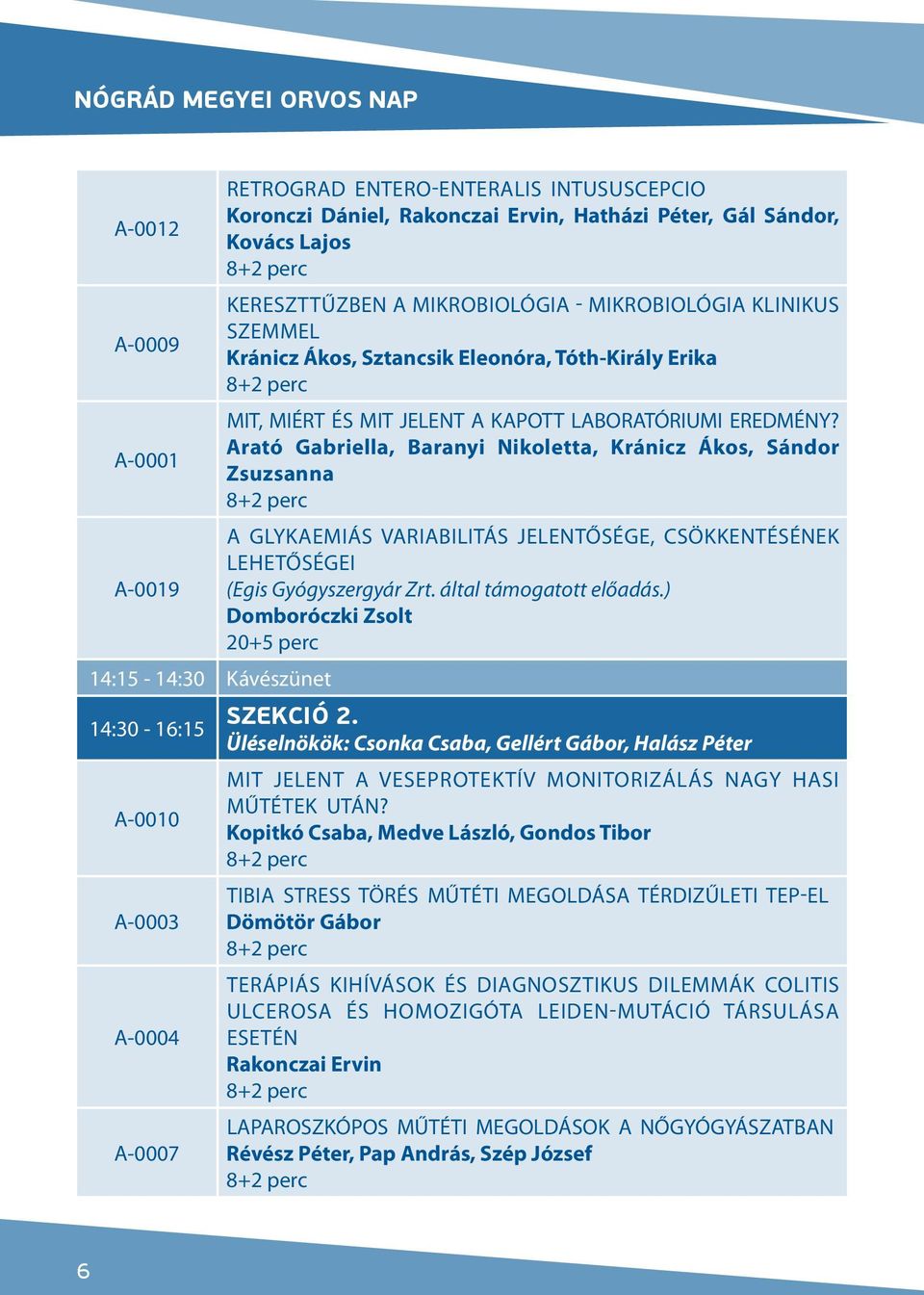 Arató Gabriella, Baranyi Nikoletta, Kránicz Ákos, Sándor A-0001 Zsuzsanna A glykaemiás variabilitás jelentősége, csökkentésének lehetőségei A-0019 (Egis Gyógyszergyár Zrt. által támogatott előadás.
