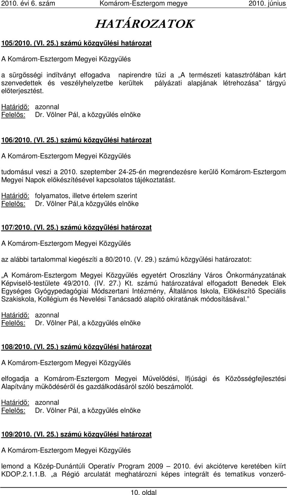 elıterjesztést. Határidı: azonnal Felelıs: Dr. Völner Pál, a közgyőlés elnöke 106/2010. (VI. 25.) számú közgyőlési határozat tudomásul veszi a 2010.