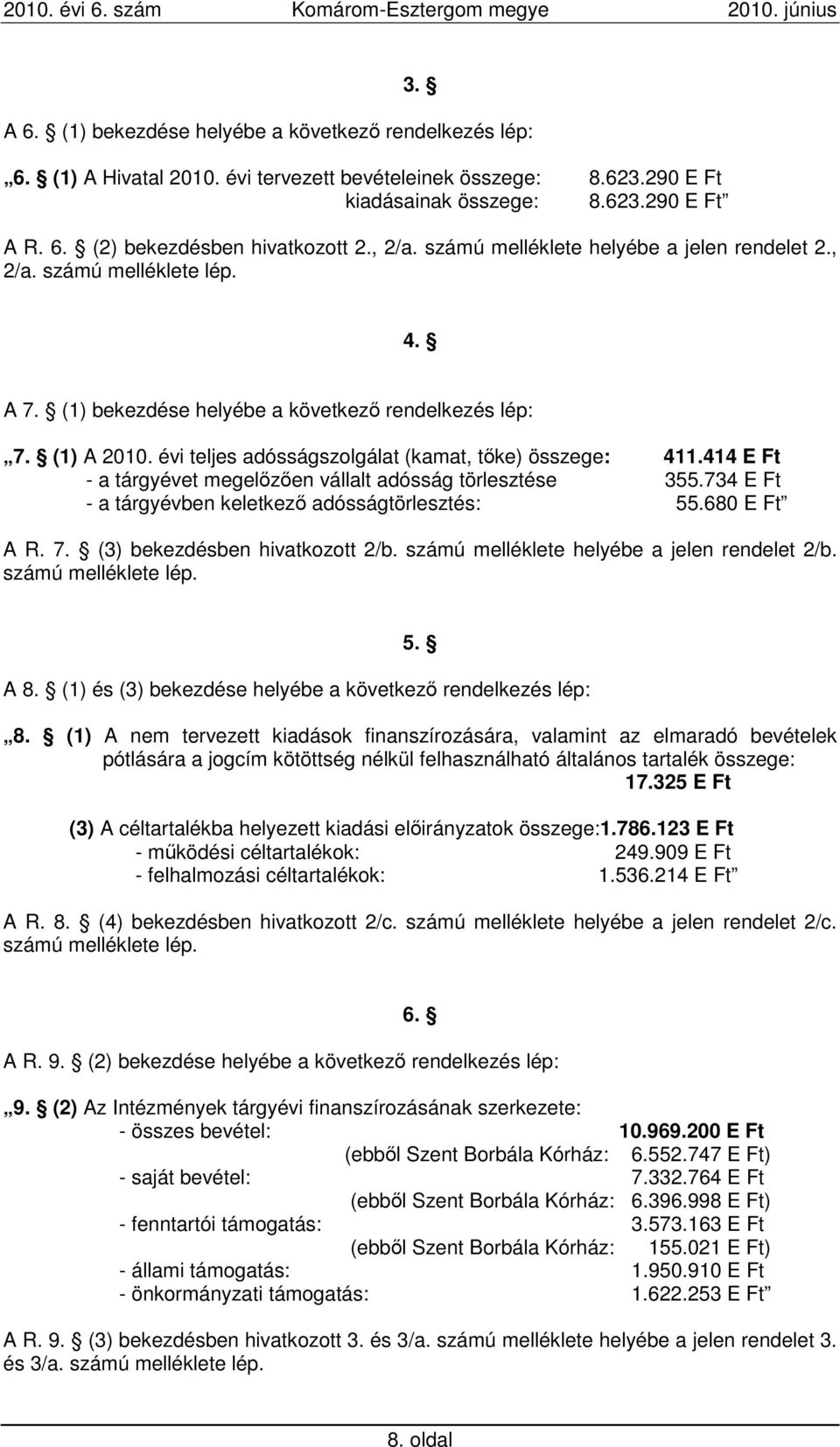 évi teljes adósságszolgálat (kamat, tıke) összege: 411.414 E Ft - a tárgyévet megelızıen vállalt adósság törlesztése 355.734 E Ft - a tárgyévben keletkezı adósságtörlesztés: 55.680 E Ft A R. 7.