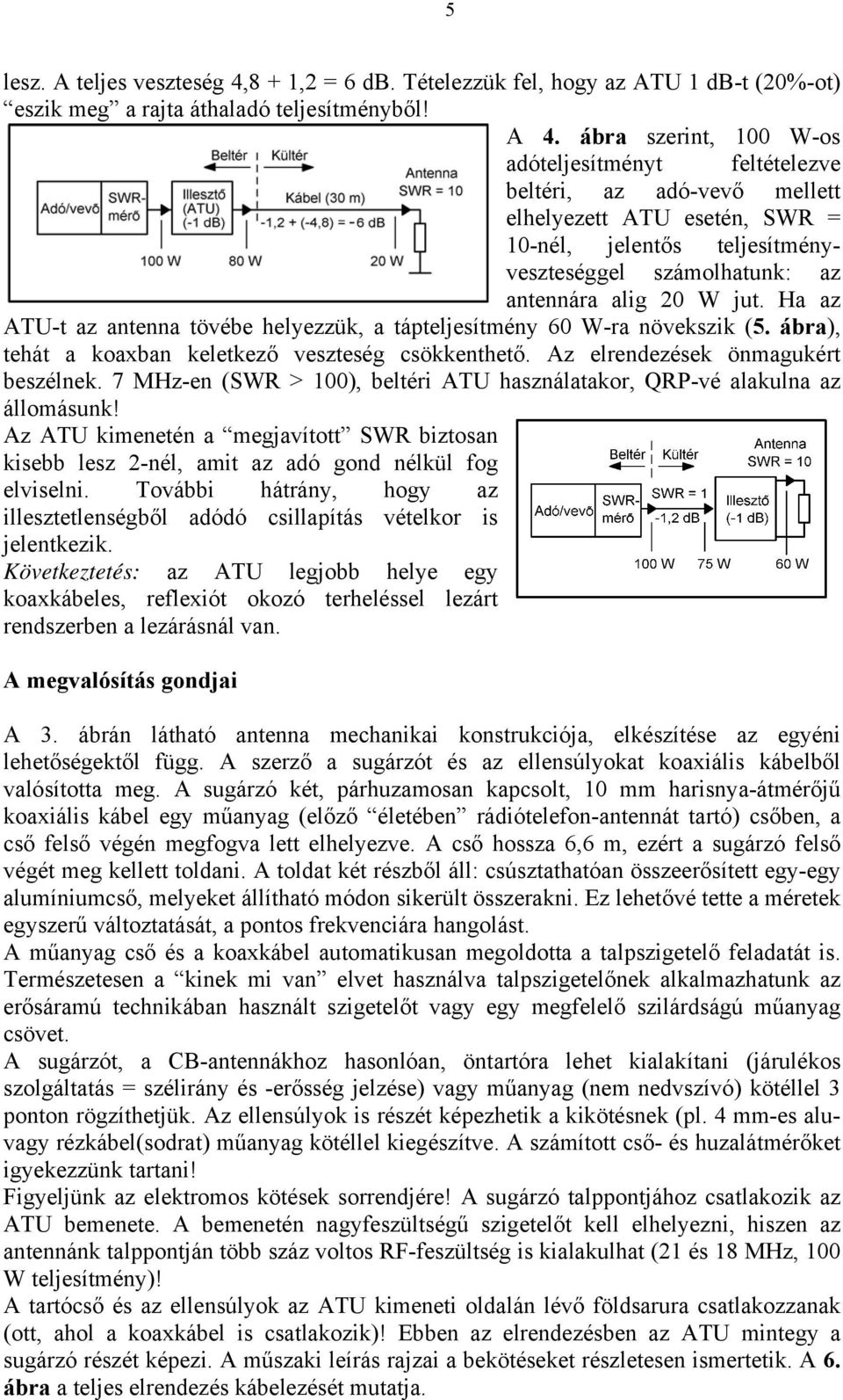 Ha az ATU-t az antenna tövébe helyezzük, a tápteljesítmény 60 W-ra növekszik (5. ábra), tehát a koaxban keletkező veszteség csökkenthető. Az elrendezések önmagukért beszélnek.