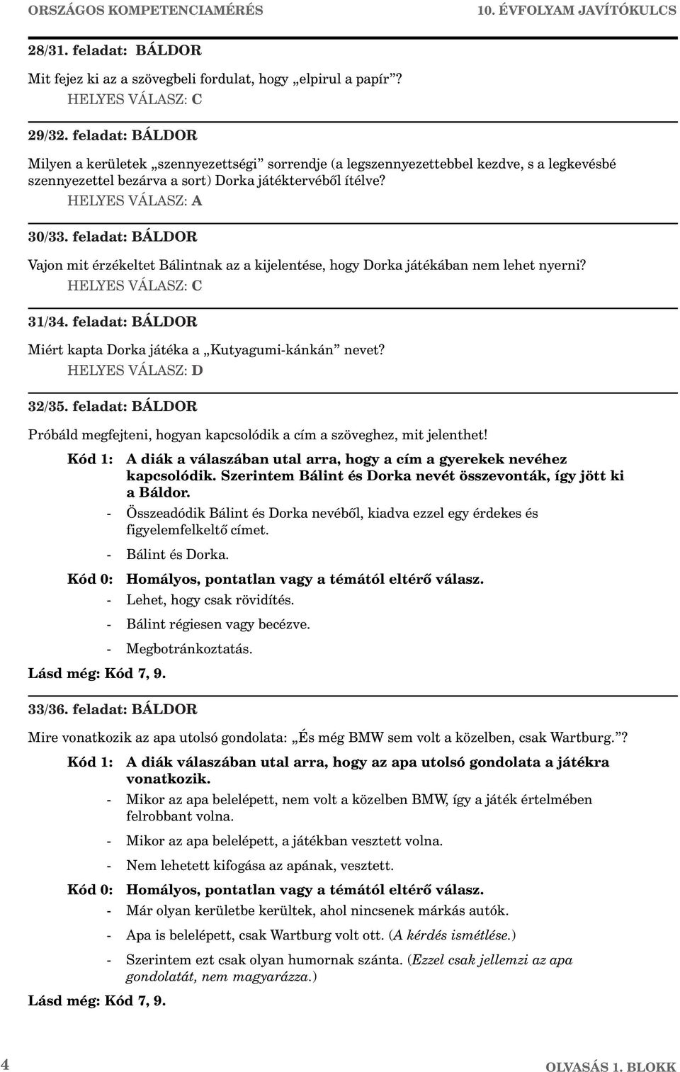 feladat: BÁLDOR Vajon mit érzékeltet Bálintnak az a kijelentése, hogy Dorka játékában nem lehet nyerni? HELYES VÁLASZ: C 31/34. feladat: BÁLDOR Miért kapta Dorka játéka a Kutyagumi-kánkán nevet?