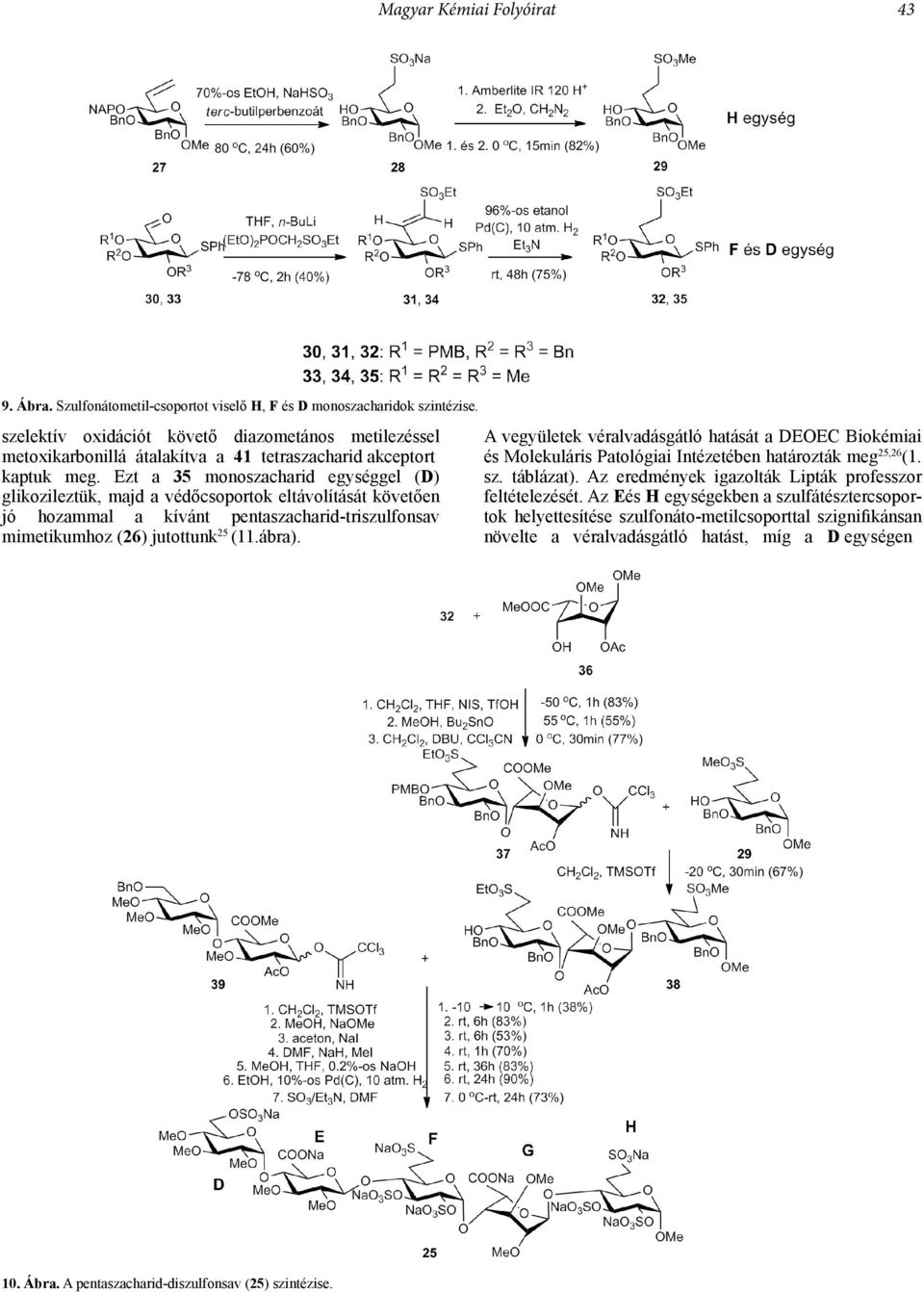 Ezt a 35 monoszacharid egységgel (D) glikozileztük, majd a védőcsoportok eltávolítását követően jó hozammal a kívánt pentaszacharid-triszulfonsav mimetikumhoz (26) jutottunk 25 (11.ábra).
