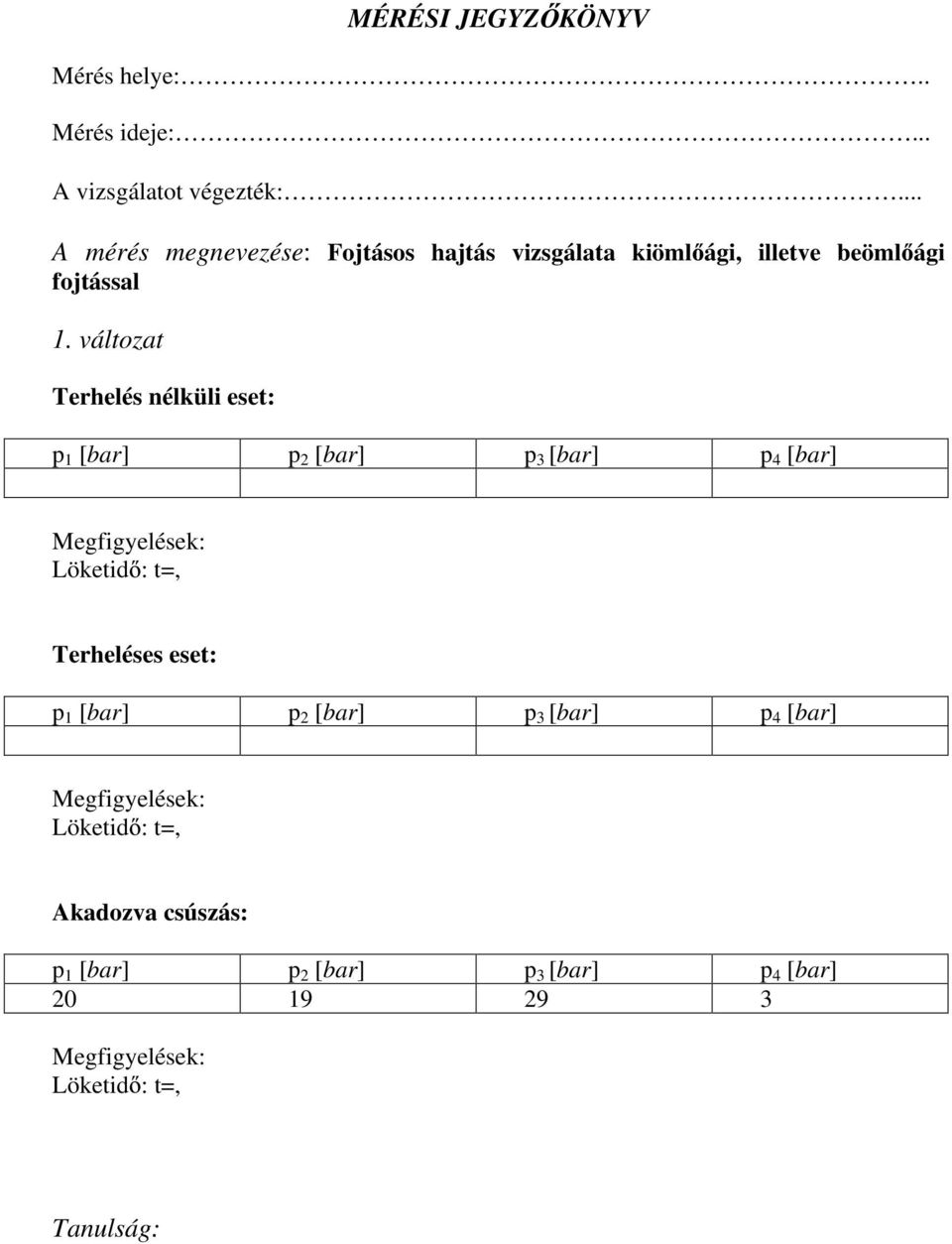 változat Terhelés nélküli eset: p 1 [bar] p 2 [bar] p 3 [bar] p 4 [bar] Megfigyelések: Löketid : t=, Terheléses