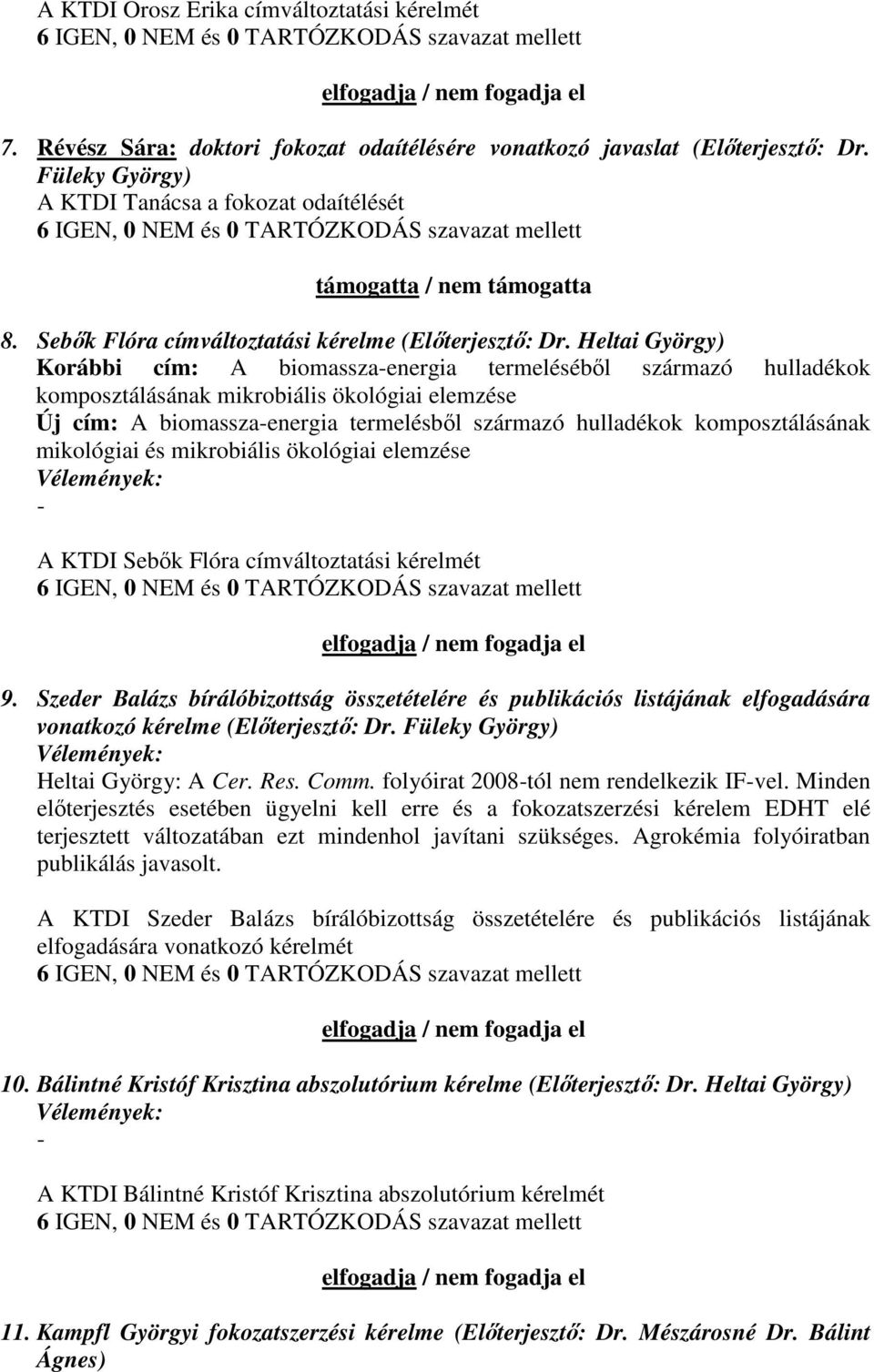 Füleky György) A KTDI Tanácsa a fokozat odaítélését 6 IGEN, 0 NEM és 0 TARTÓZKODÁS szavazat mellett támogatta / nem támogatta 8. Sebık Flóra címváltoztatási kérelme (Elıterjesztı: Dr.