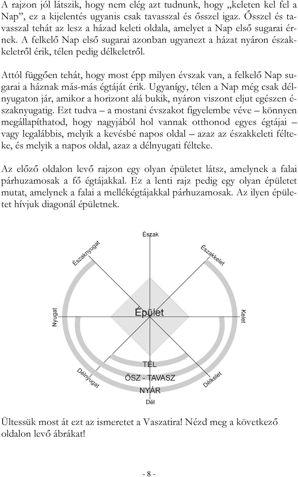 Attól függıen tehát, hogy most épp milyen évszak van, a felkelı Nap sugarai a háznak más-más égtáját érik.