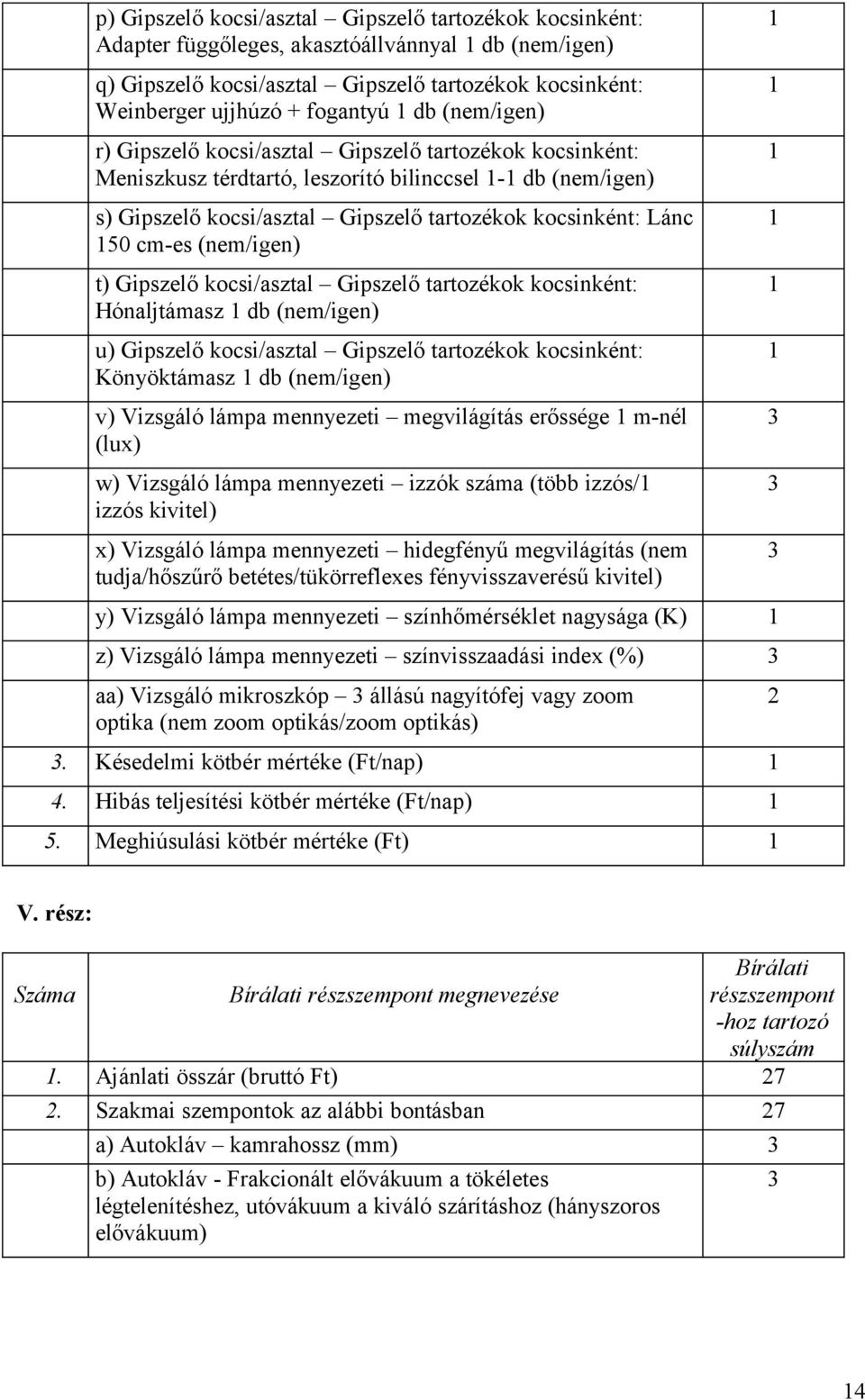 cm-es (nem/igen) t) Gipszelő kocsi/asztal Gipszelő tartozékok kocsinként: Hónaljtámasz 1 db (nem/igen) u) Gipszelő kocsi/asztal Gipszelő tartozékok kocsinként: Könyöktámasz 1 db (nem/igen) v)