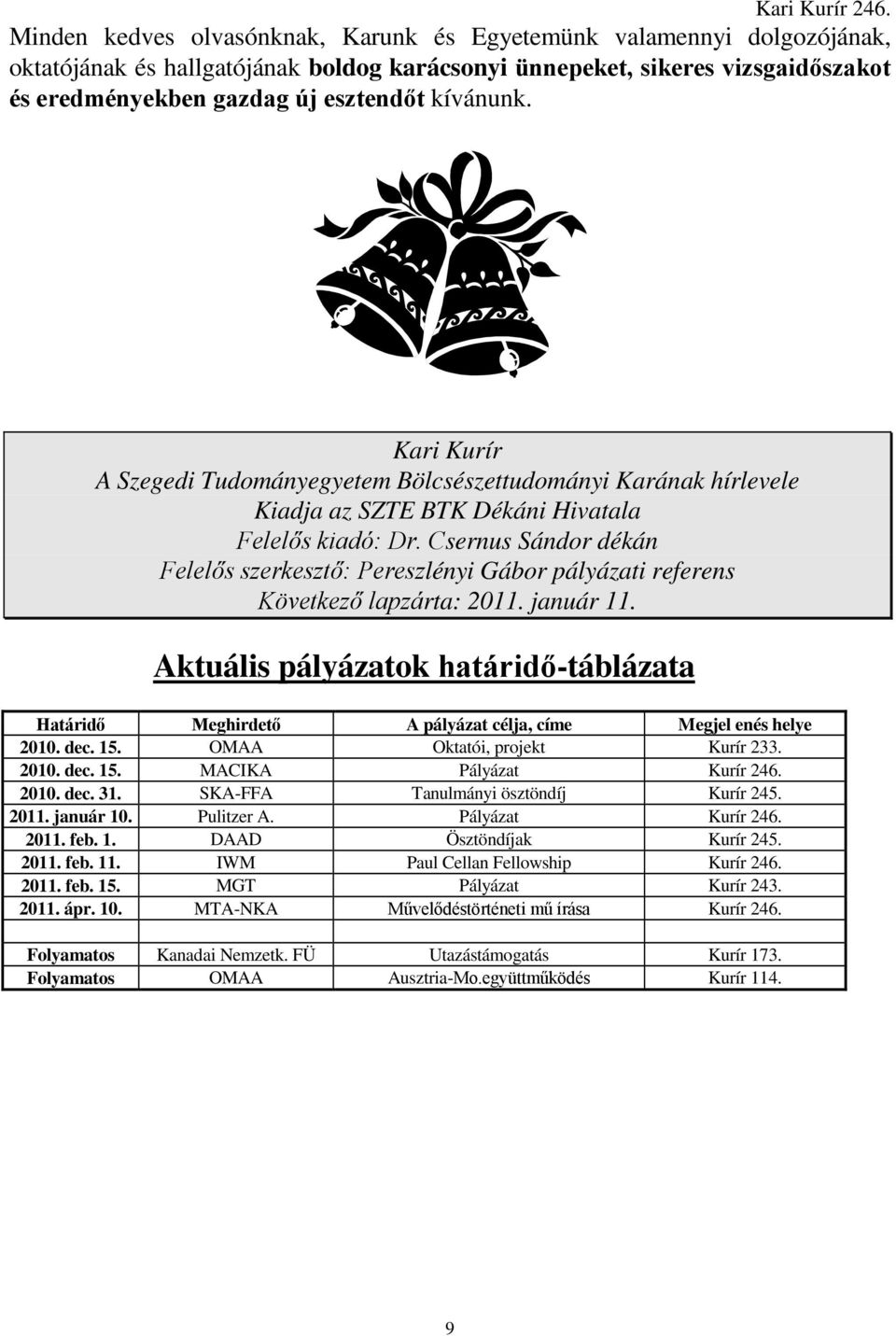 Csernus Sándor dékán Felelıs szerkesztı: Pereszlényi Gábor pályázati referens Következı lapzárta: 2011. január 11.