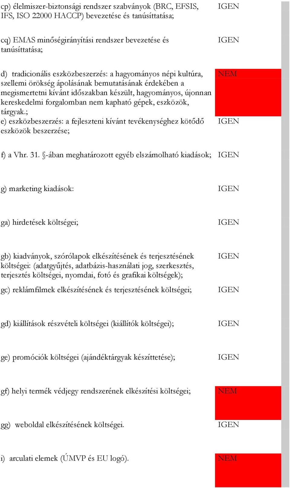 ; e) eszközbeszerzés: a fejleszteni kívánt tevékenységhez kötődő eszközök beszerzése; NEM f) a Vhr. 31.