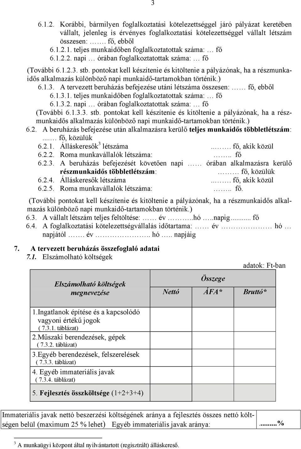 ) 6.1.3. A tervezett beruházás befejezése utáni létszáma összesen: fő, ebből 6.1.3.1. teljes munkaidőben foglalkoztatottak száma: fő 6.1.3.2. napi órában foglalkoztatottak száma: fő (További 6.1.3.3. stb.