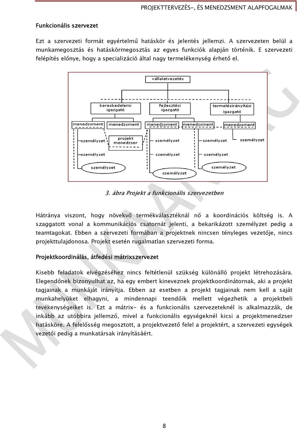 ábra Projekt a funkcionális szervezetben Hátránya viszont, hogy növekvő termékválasztéknál nő a koordinációs költség is.