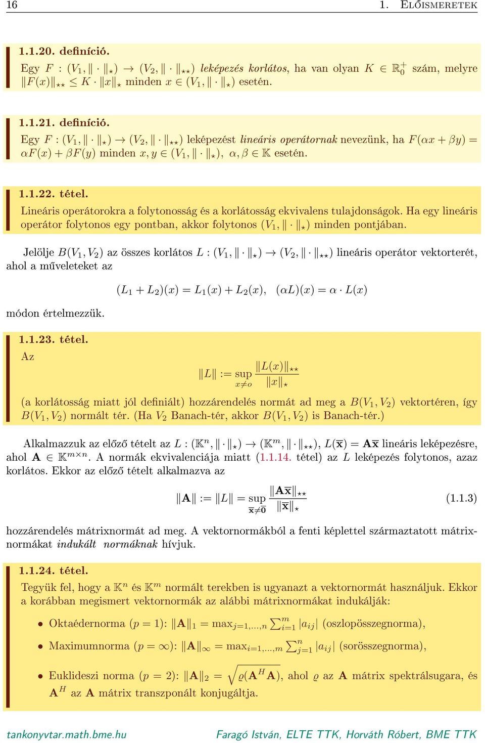 Jelölje B(V 1, V 2 ) az összes korlátos L : (V 1, ) (V 2, ) lineáris operátor vektorterét, ahol a m veleteket az módon értelmezzük. 1.1.23. tétel.