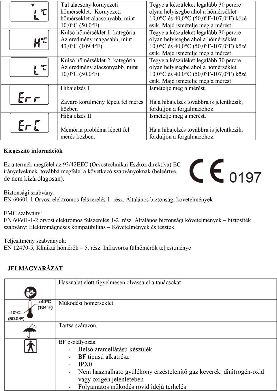 Tegye a készüléket legalább 30 percre olyan helyiségbe ahol a hőmérséklet 10,0 C és 40,0 C (50,0 F-107,0 F) közé esik. Majd ismételje meg a mérést.