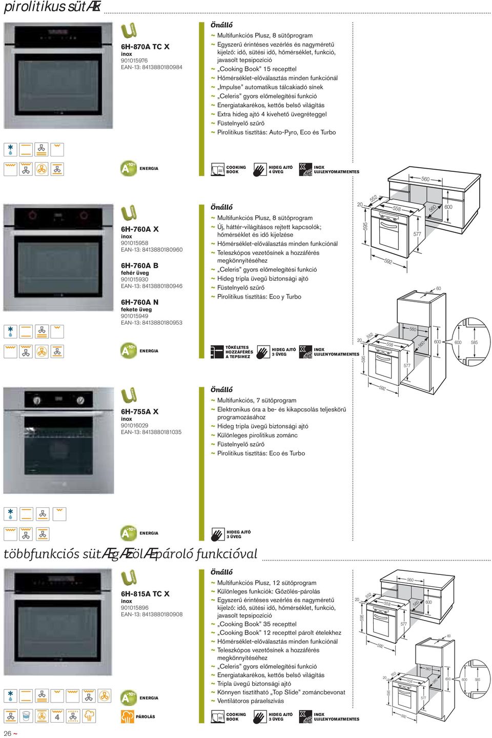 belső világítás ~ Extra hideg ajtó 4 kivehető üvegréteggel ~ Füstelnyelő szűrő ~ Pirolitikus tisztítás: Auto-Pyro, Eco és Turbo COOKING BOOK HIDEG AJTÓ 4 ÜVEG INOX UJJLENYOMATMENTES 6H-760A X 901018