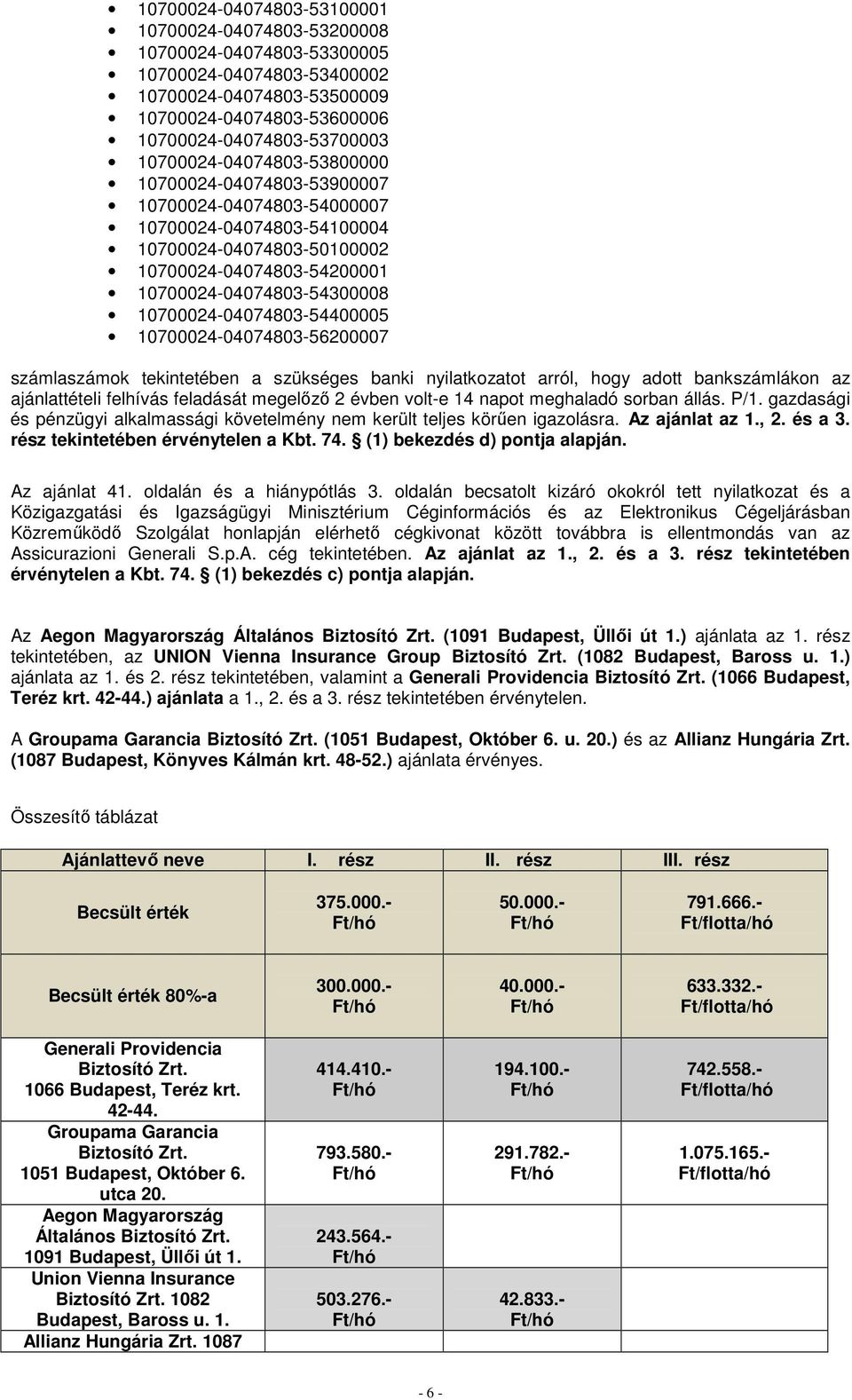 10700024-04074803-54400005 10700024-04074803-56200007 számlaszámok tekintetében a szükséges banki nyilatkozatot arról, hogy adott bankszámlákon az ajánlattételi felhívás feladását megelőző 2 évben