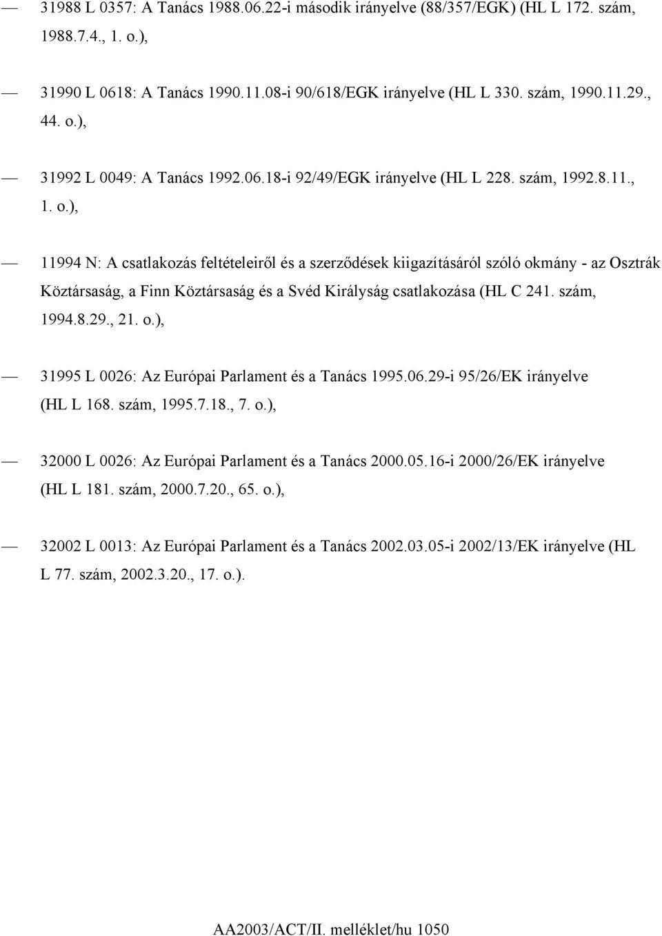 ), 11994 N: A csatlakozás feltételeiről és a szerződések kiigazításáról szóló okmány - az Osztrák Köztársaság, a Finn Köztársaság és a Svéd Királyság csatlakozása (HL C 241. szám, 1994.8.29., 21. o.), 31995 L 0026: Az Európai Parlament és a Tanács 1995.