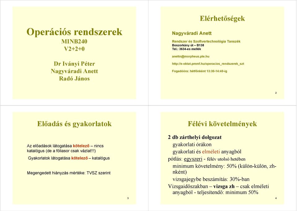 hu/operacios_rendszerek_szt Fogadóóra: hétfőnként 13:30-14:40-ig 2 Előadás és gyakorlatok Félévi követelmények Az előadások látogatása kötelező nincs katalógus (de a fóliasor csak vázlat!