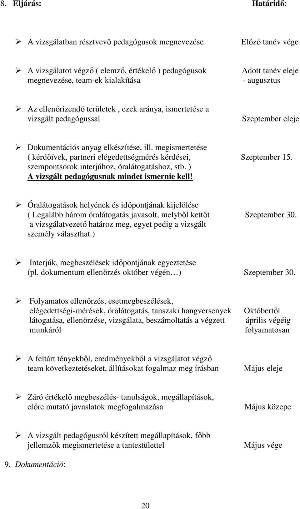 megismertetése ( kérdıívek, partneri elégedettségmérés kérdései, Szeptember 15. szempontsorok interjúhoz, óralátogatáshoz, stb. ) A vizsgált pedagógusnak mindet ismernie kell!