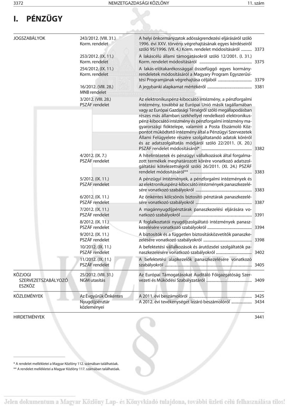 (IX. 11.) PSZÁF rendelet 10/2012. (IX. 11.) PSZÁF rendelet 11/2012. (IX. 11.) PSZÁF rendelet A helyi önkormányzatok adósságrendezési eljárásáról szóló 1996. évi XXV.