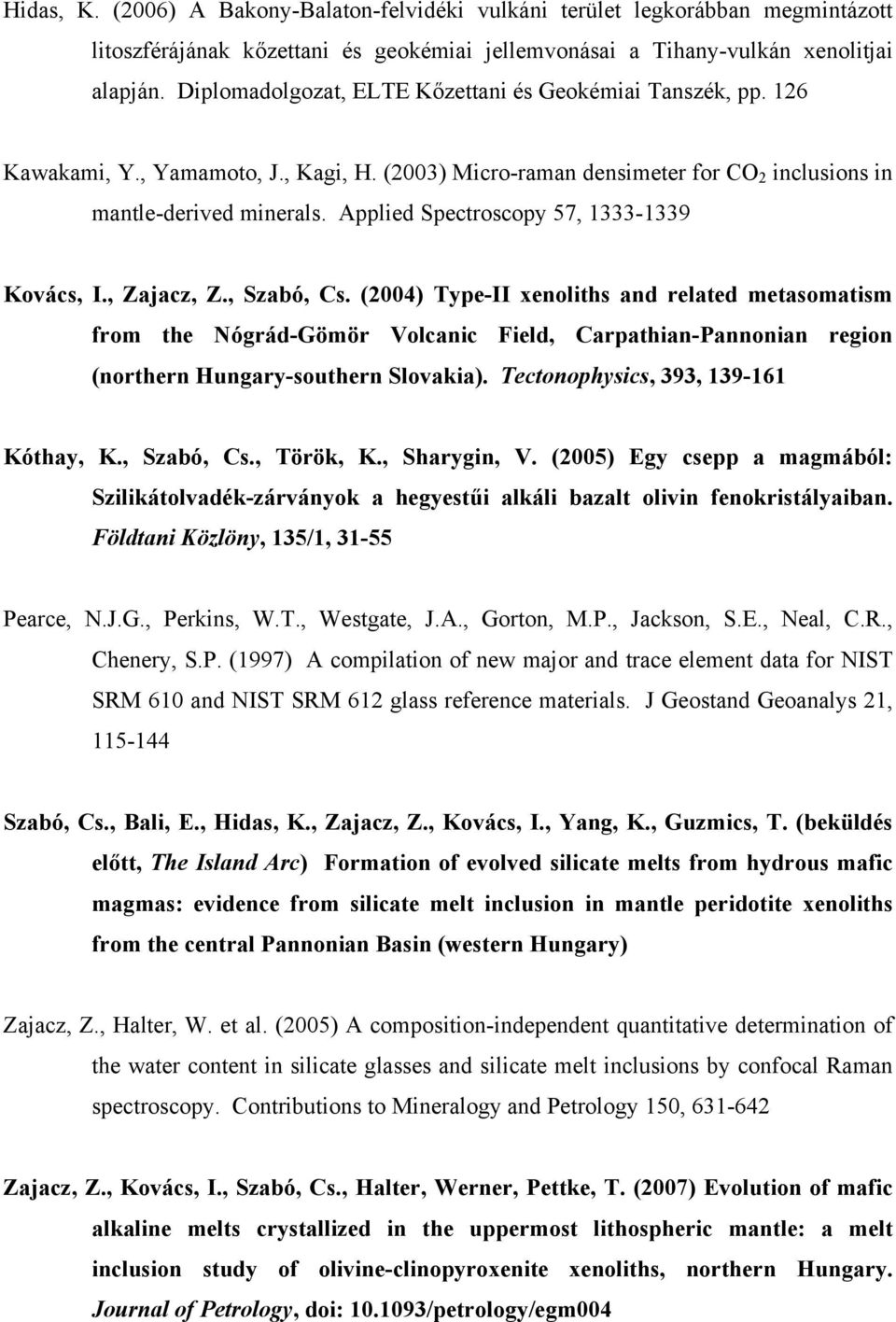 Applied Spectroscopy 57, 1333-1339 Kovács, I., Zajacz, Z., Szabó, Cs.