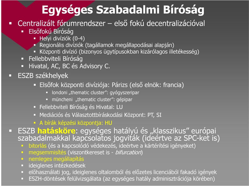 ESZB székhelyek Elsőfok központi divíziója: Párizs (első elnök: francia) londoni thematic cluster : gyógyszeripar müncheni thematic cluster : gépipar Fellebbviteli Bíróság és Hivatal: LU Mediációs és