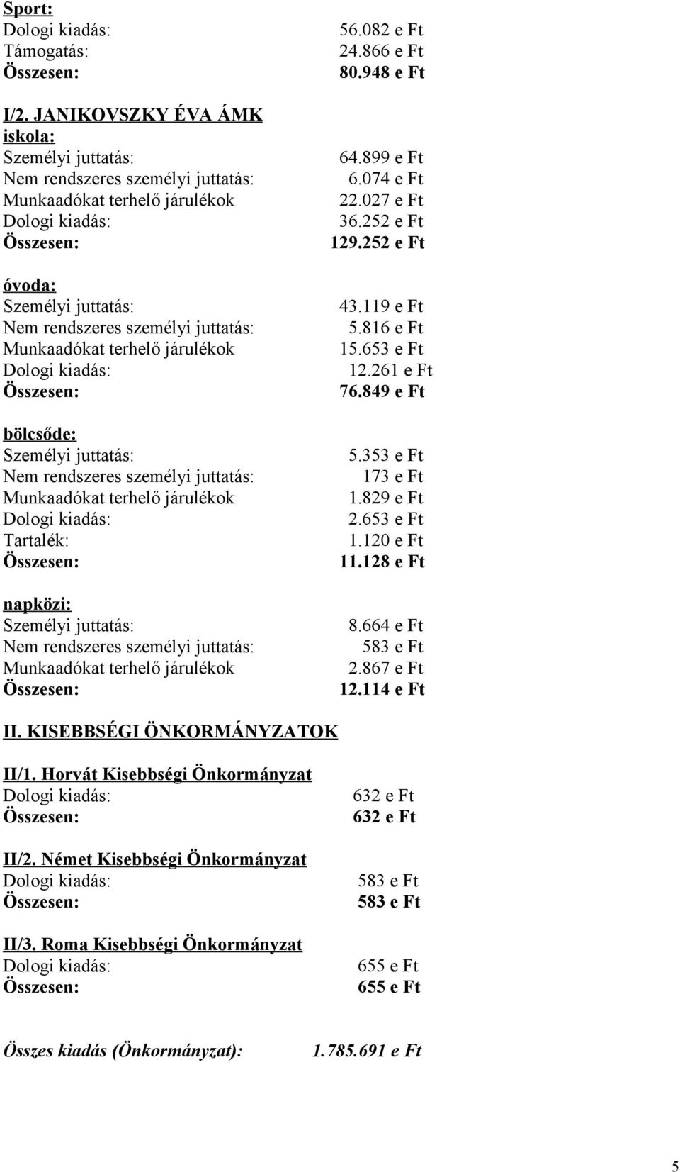 816 e Ft Munkaadókat terhelő járulékok 15.653 e Ft Dologi kiadás: 12.261 e Ft 76.849 e Ft bölcsőde: Személyi juttatás: 5.