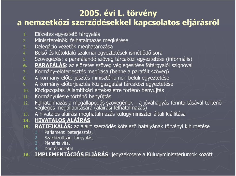 Kormány-előterjesztés megírása (benne a parafált szöveg) 8. A kormány-előterjesztés minisztériumon belüli egyeztetése 9. A kormány-előterjesztés közigazgatási tárcaközi egyeztetése 10.