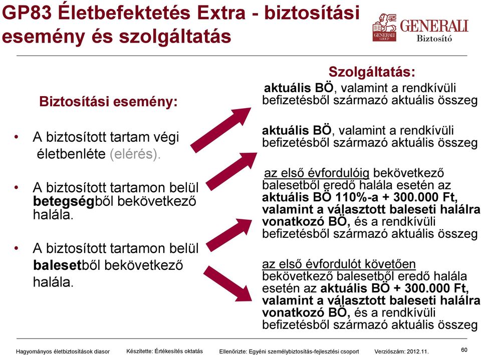 aktuális BÖ, valamint a rendkívüli befizetésből származó aktuális összeg az első évfordulóig bekövetkező balesetből eredő halála esetén az aktuális BÖ 110%-a + 300.