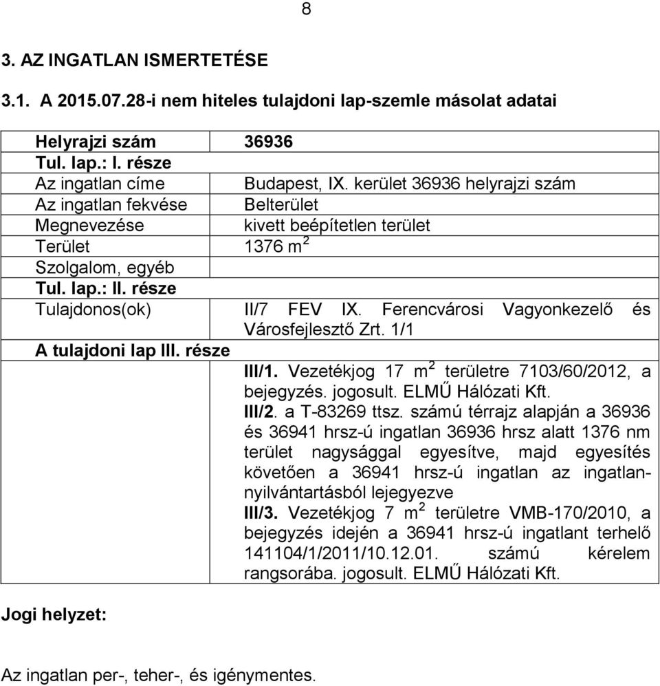 Ferencvárosi Vagyonkezelő és Városfejlesztő Zrt. 1/1 A tulajdoni lap III. része III/1. Vezetékjog 17 m 2 területre 7103/60/2012, a bejegyzés. jogosult. ELMŰ Hálózati Kft. III/2. a T-83269 ttsz.