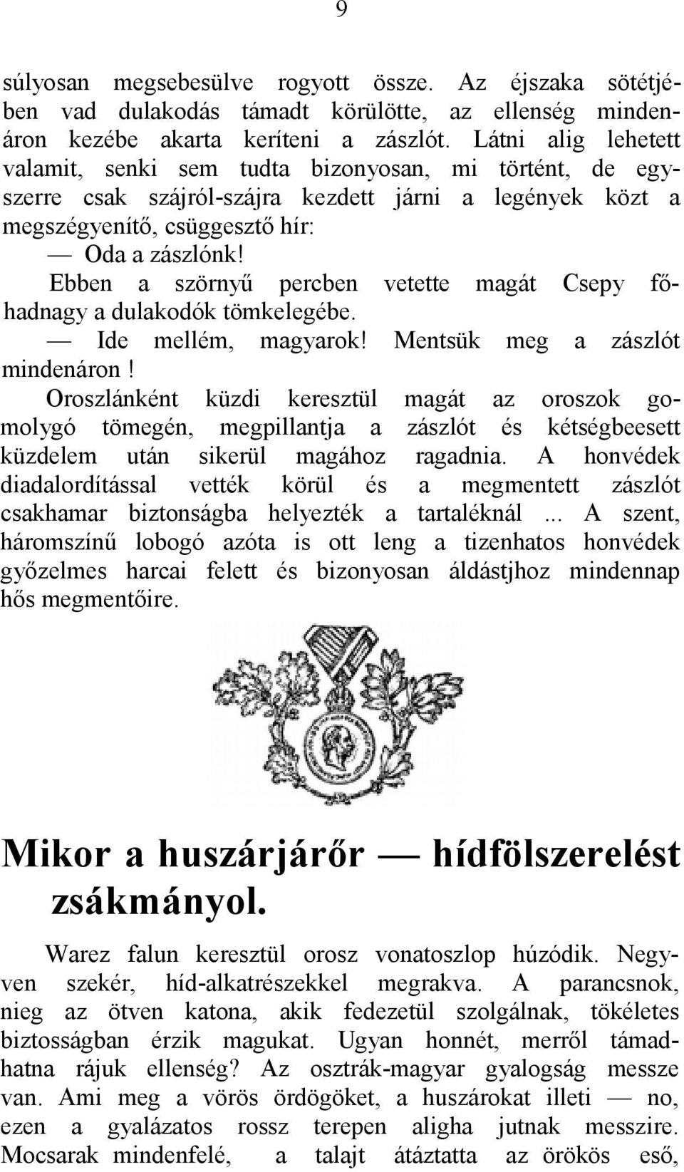 Ebben a szörnyű percben vetette magát Csepy főhadnagy a dulakodók tömkelegébe. Ide mellém, magyarok! Mentsük meg a zászlót mindenáron!