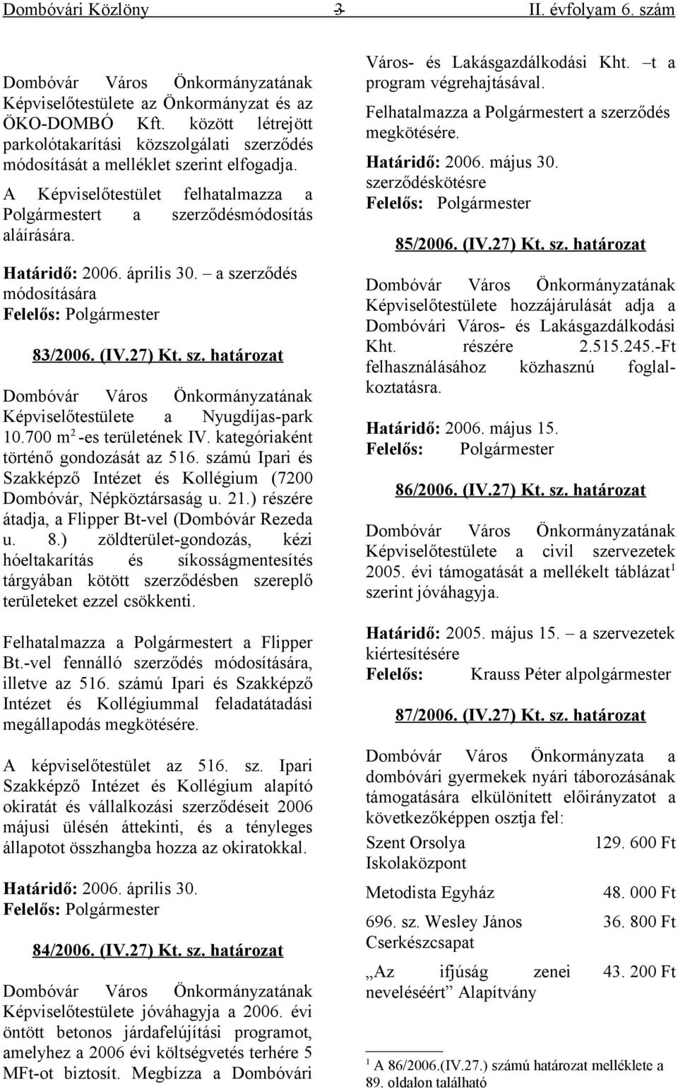 április 30. a szerződés módosítására Felelős: Polgármester 83/2006. (IV.27) Kt. sz. határozat Dombóvár Város Önkormányzatának Képviselőtestülete a Nyugdíjas-park 10.700 m 2 -es területének IV.