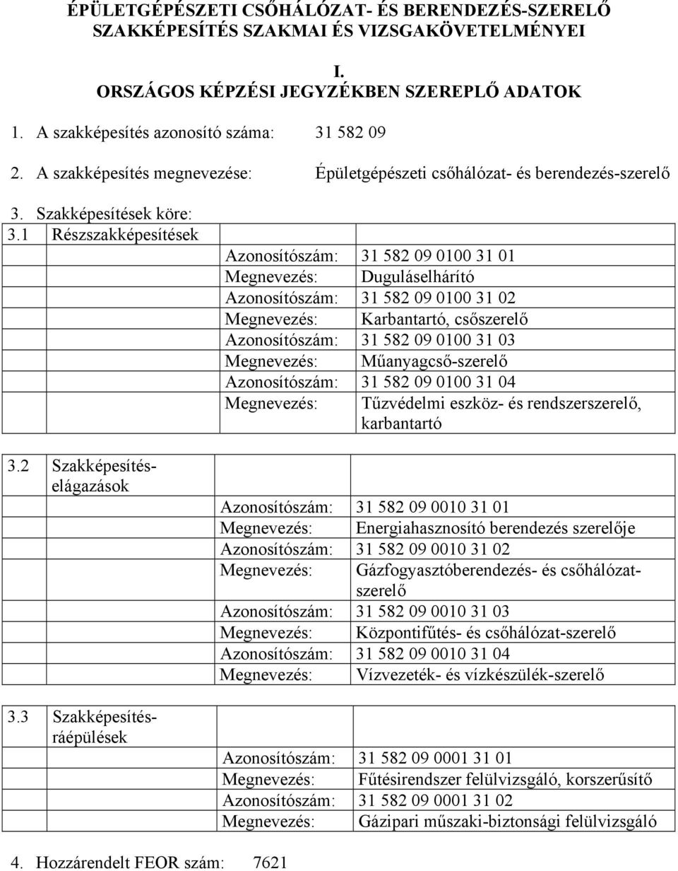 3 Szakképesítésráépülések Azonosítószám: 31 582 09 0100 31 01 Megnevezés: Duguláselhárító Azonosítószám: 31 582 09 0100 31 02 Megnevezés: Karbantartó, csőszerelő Azonosítószám: 31 582 09 0100 31 03